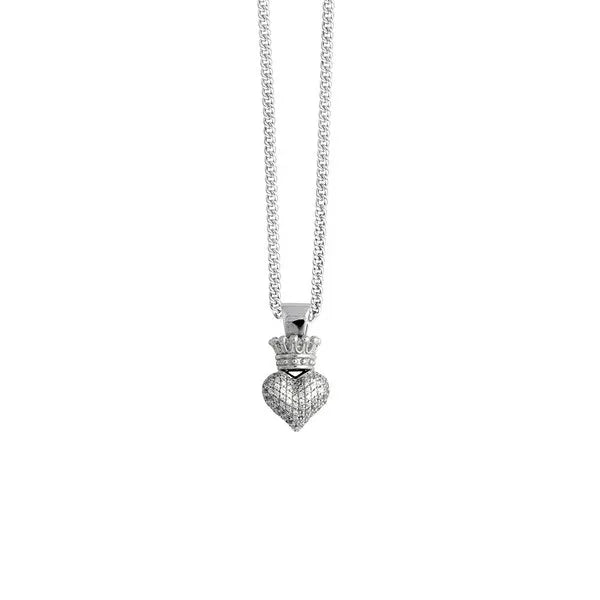 3d Crowned Heart Pendant - Silver and Cz Pave Cps13115 on 18 in. Curb Link Chain