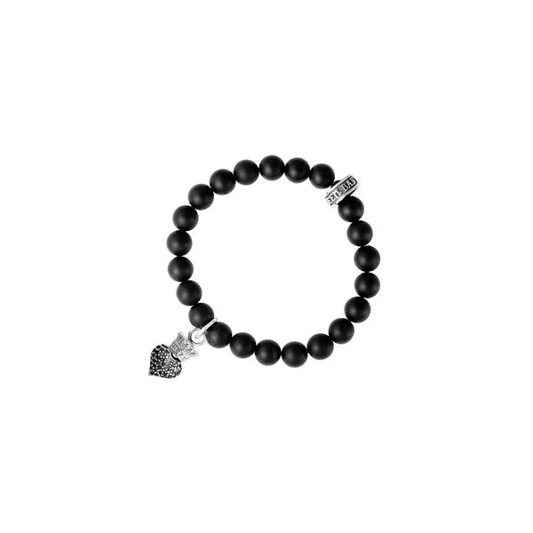 Black Onyx Bead Bracelet With Baby Black Cz Pave Crowned Heart