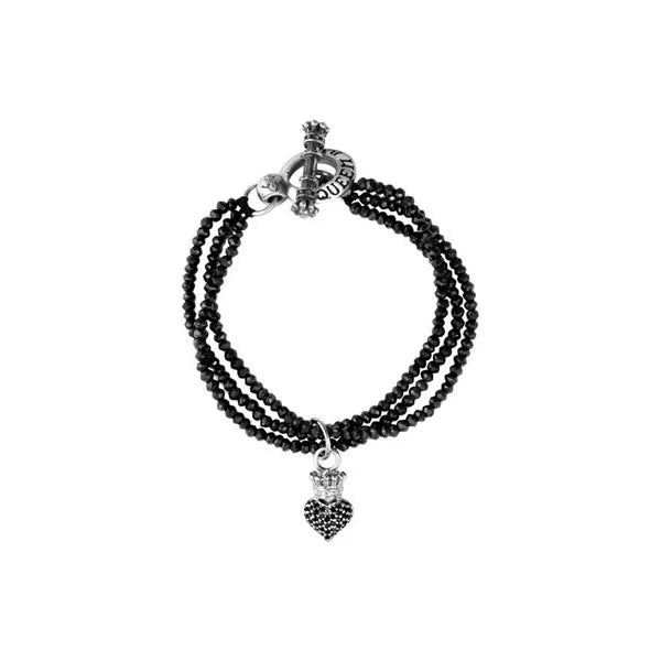 3-strand Black Spinel Bracelet W/ Black Baby Pave Cz Crowned Heart & Silver Clasp