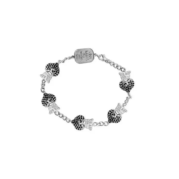Black Pave Cz Crowned Heart Motif Bracelet