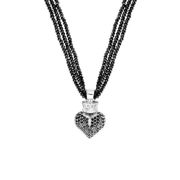 Black spinel necklace w/ black 3d pave cz crowned heart
