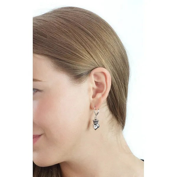Small Silver 3d Crowned Heart Lever Back Earrings