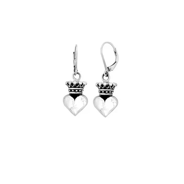 Small Silver 3d Crowned Heart Lever Back Earrings