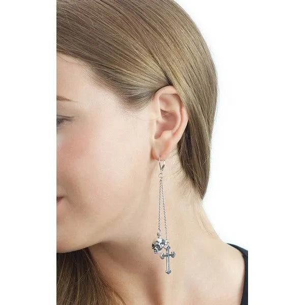 Double Chain Lever Back Earrings W/ Hamlet Skull/traditional Cross Drops
