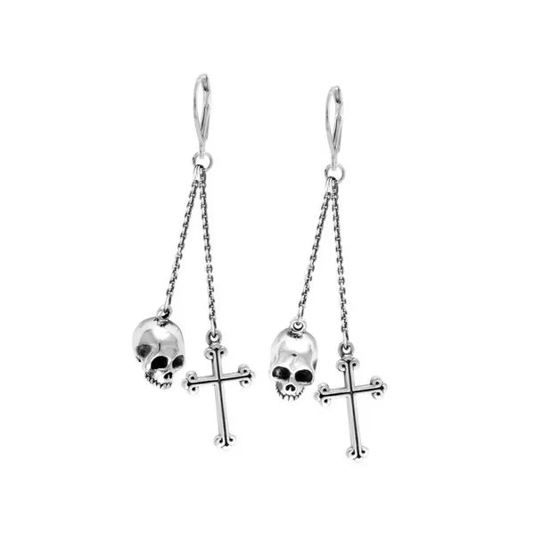 Double Chain Lever Back Earrings W/ Hamlet Skull/traditional Cross Drops