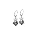 Small 3d Crowned Heart Lever Back Earrings - Silver and Black Cz Pave.
