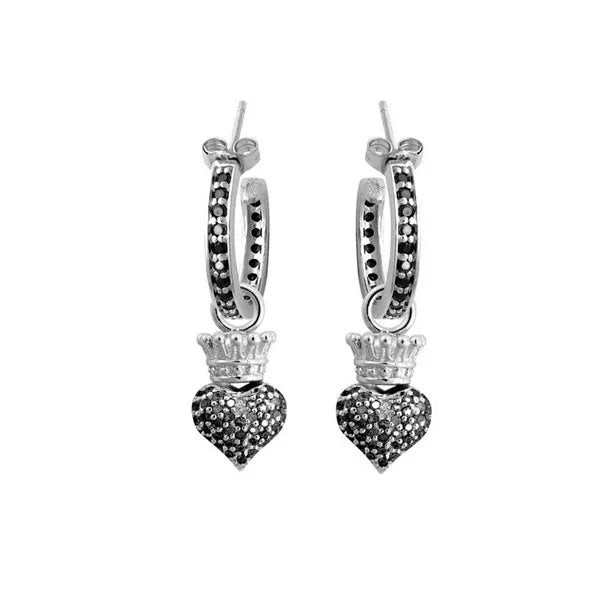 Small Hoops With Crowned Heart Drop - Silver and Black Cz Pave