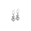 Small 3d Crowned Heart Lever Back Earrings - Silver and Cz Pave.