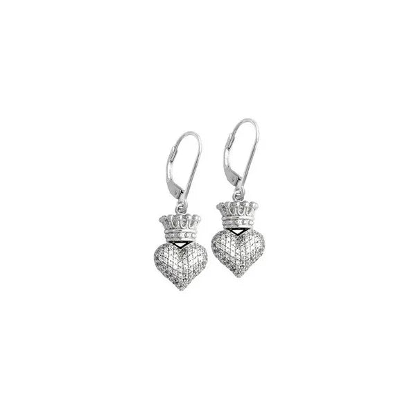 Small 3d Crowned Heart Lever Back Earrings - Silver and Cz Pave.
