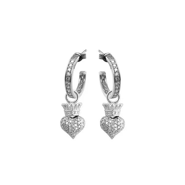 Small Hoops With Crowned Heart Drop - Silver and White Cz Pave
