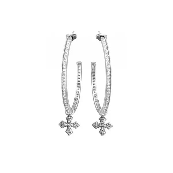 Large Hoops With Mb Cross Drop - Silver and White Cz Pave