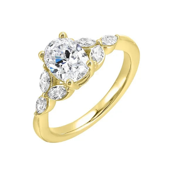 Elongated Oval Solitaire Ring with Marquise Trinity Accents