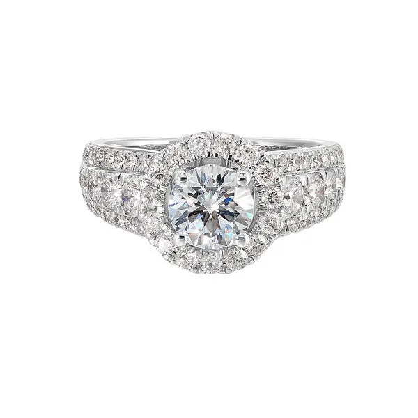 Three-Row Diamond Engagement Ring with Center Halo