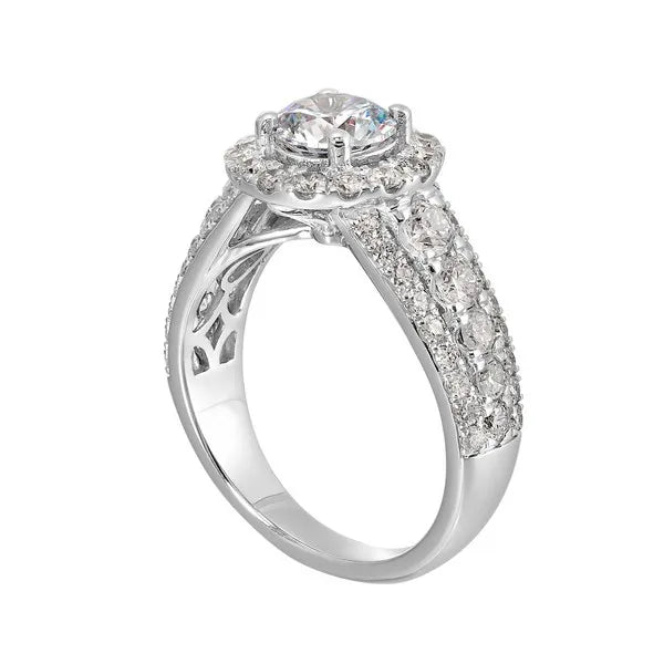 Three-Row Diamond Engagement Ring with Center Halo
