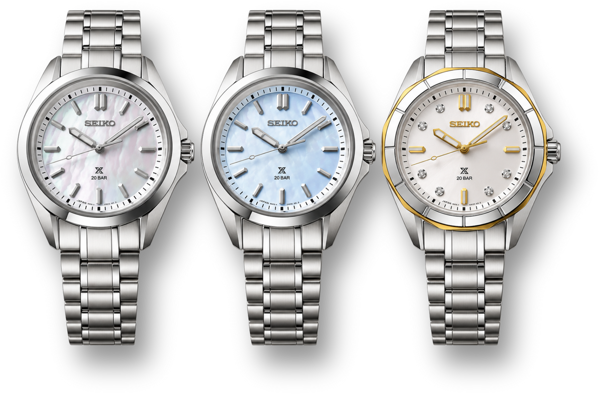 Seiko stainless steel watch with white dial, Seiko stainless steel watch with light blue dial and Seiko two-tone stainless steel watch with white dial