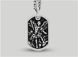 Dog tag pendant with an engraved design on a gray background