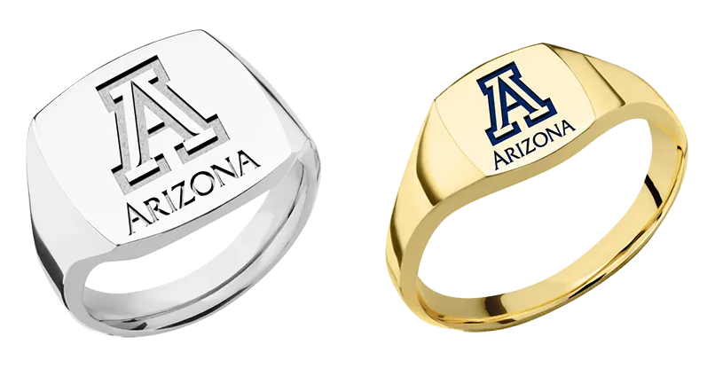Custom graduation rings with Arizona logo in silver and gold, designed for personalized school pride